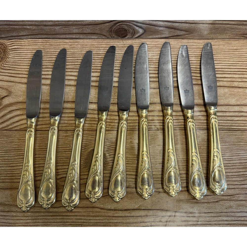 Set Of 9 Solingen Rostfrei SBS Germany Gold Handles Accented Knives Knife